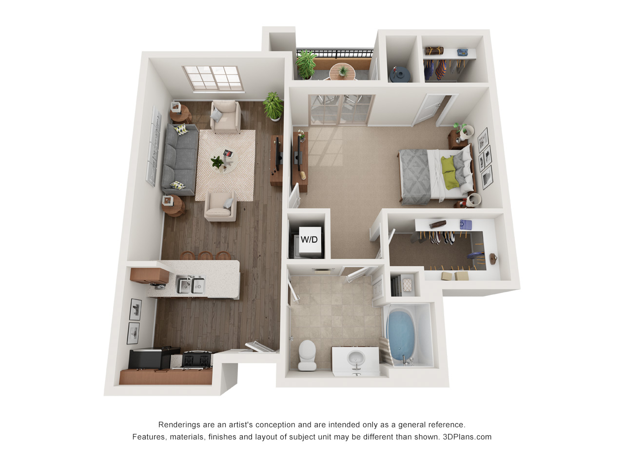Floor plan for 1 bed, 1 bath, 765 sqft